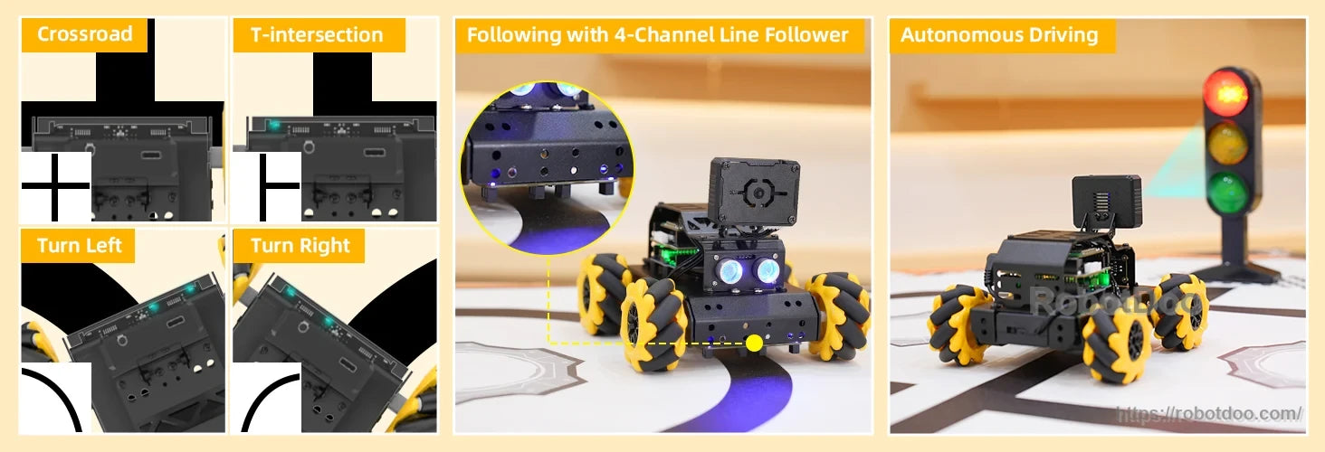 miniAuto robot line-following examples for turns, intersections, and autonomous driving