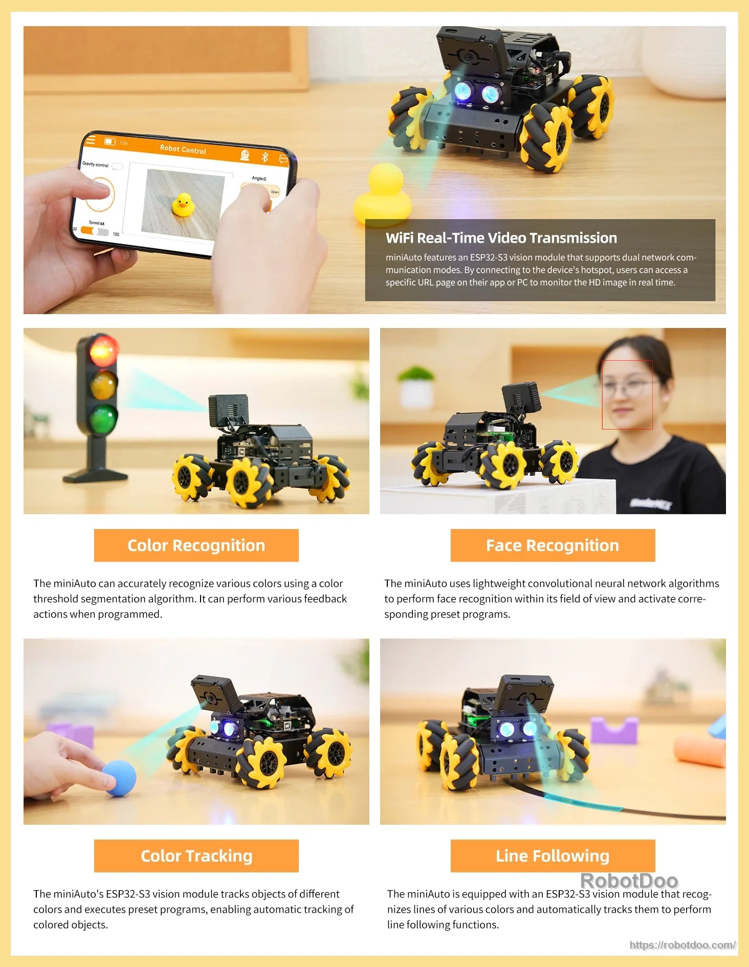 Hiwonder miniAuto AI Vision Robot performing video streaming, color, face, tracking, and line tasks