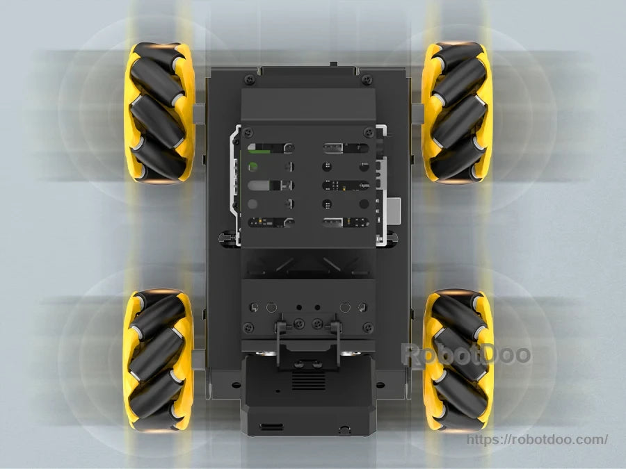 Underside of miniAuto chassis with four Mecanum wheels for lateral movement