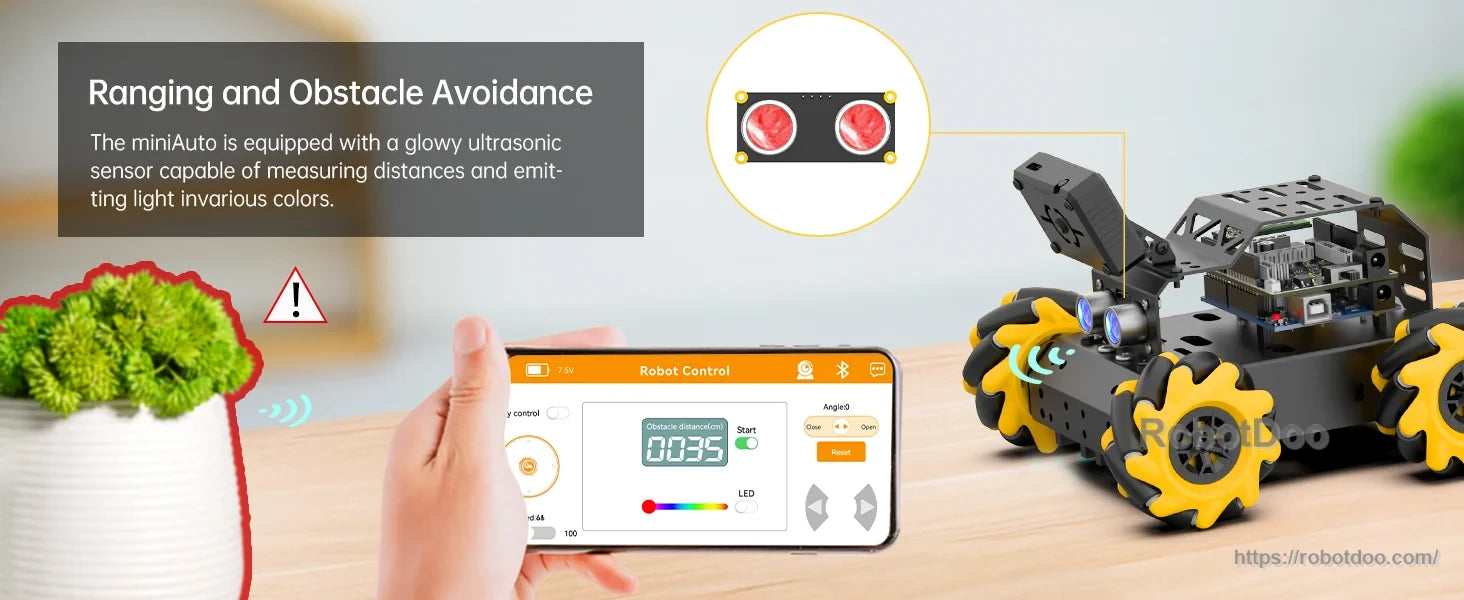 miniAuto robot using ultrasonic ranging and smartphone app for obstacle avoidance