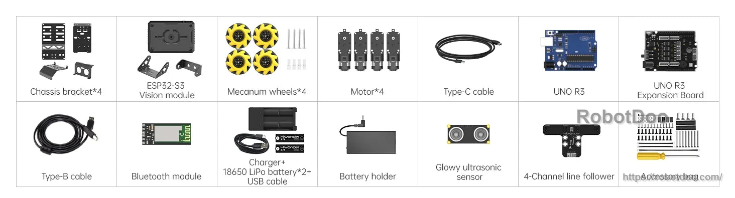 Hiwonder miniAuto AI Vision Robot kit components including camera module, yellow wheels, motors, USB cable, and boards