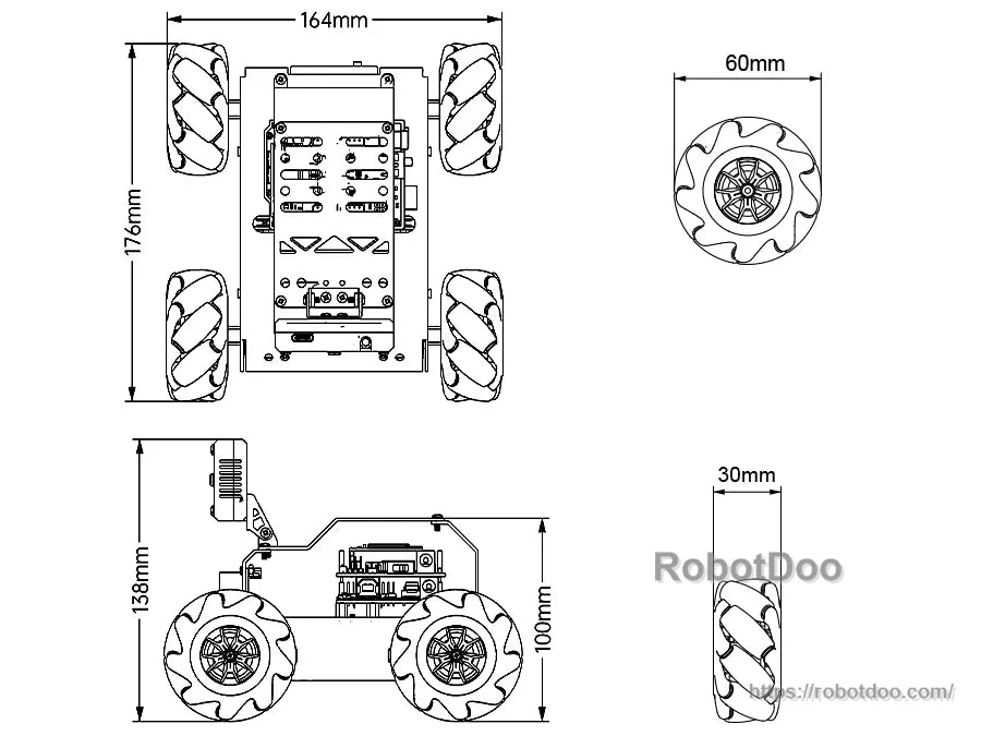 Hiwonder miniAuto AI vision robot chassis dimensions with four 60 mm wheels and 164 x 176 mm footprint