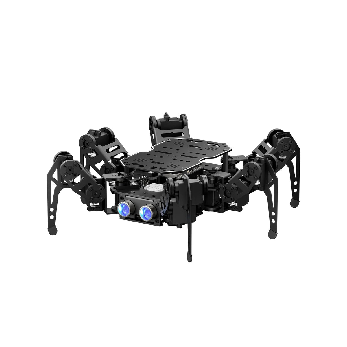 Hiwonder miniHexa 18DOF AI Hexapod Robot front three-quarter view with glowing ultrasonic sensor