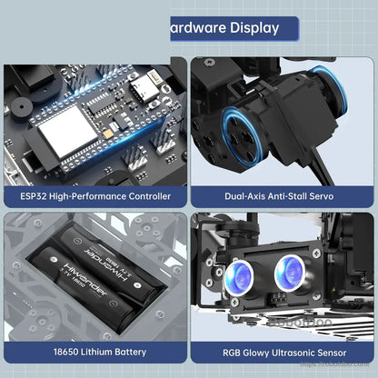 ESP32 controller, dual-axis servo, 18650 battery, and RGB ultrasonic sensor hardware details