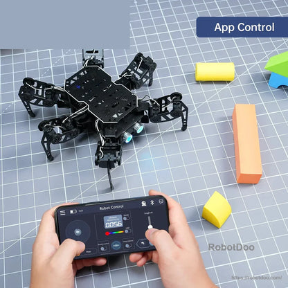 Hexapod robot controlled from a smartphone app on a tabletop obstacle course