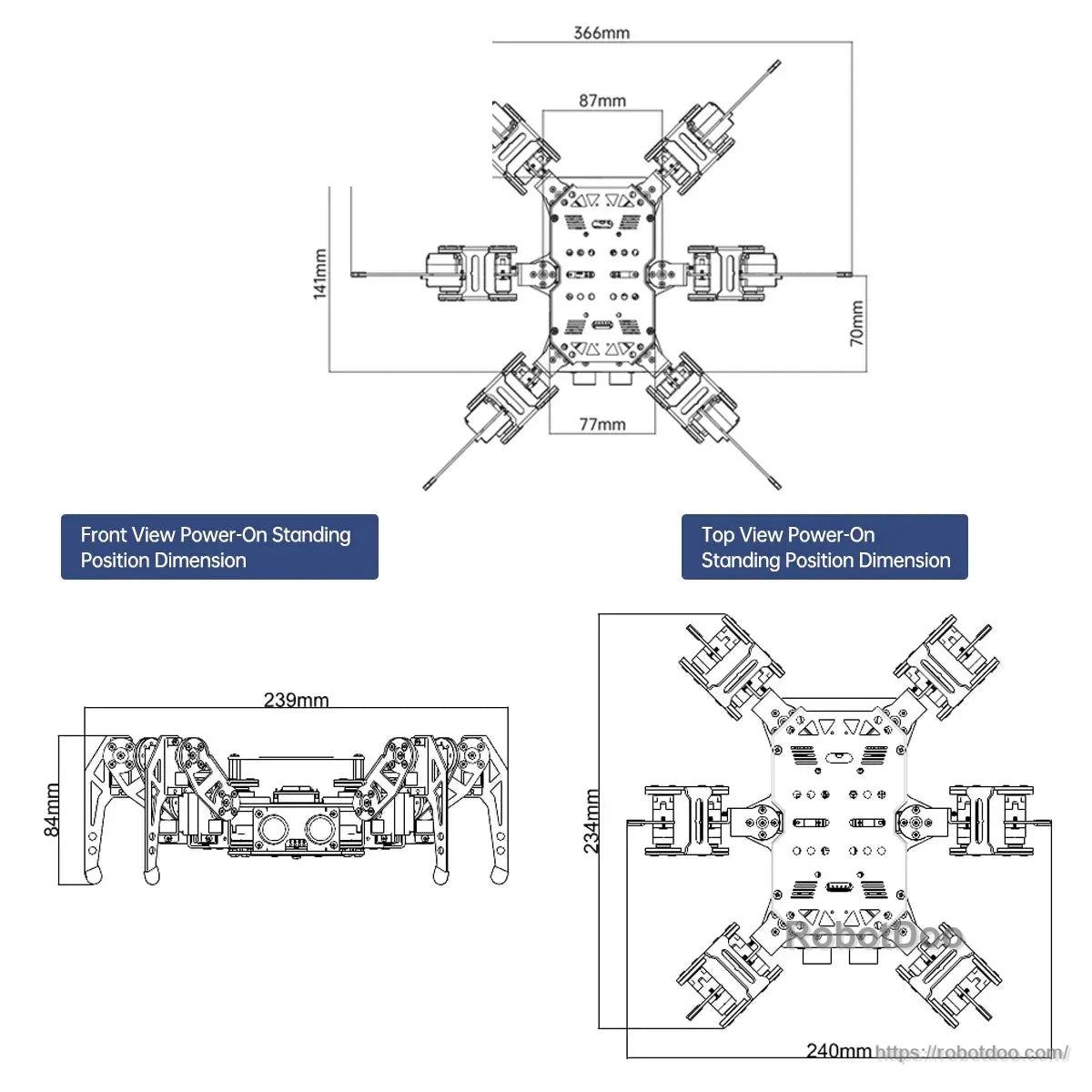 Hexapod robot standing-position dimension diagram with front and top measurements in millimeters