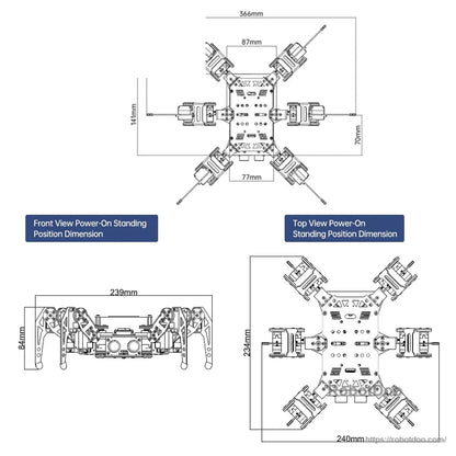 Hexapod robot standing-position dimension diagram with front and top measurements in millimeters