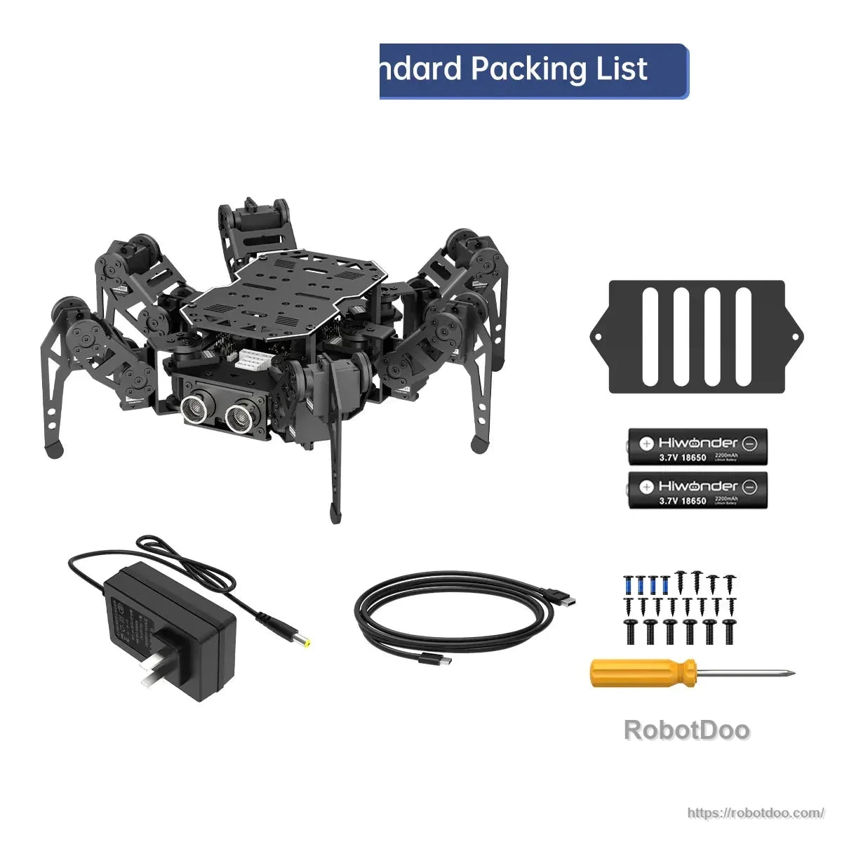 Standard packing list with hexapod robot, batteries, power adapter, USB cable, screws, and screwdriver