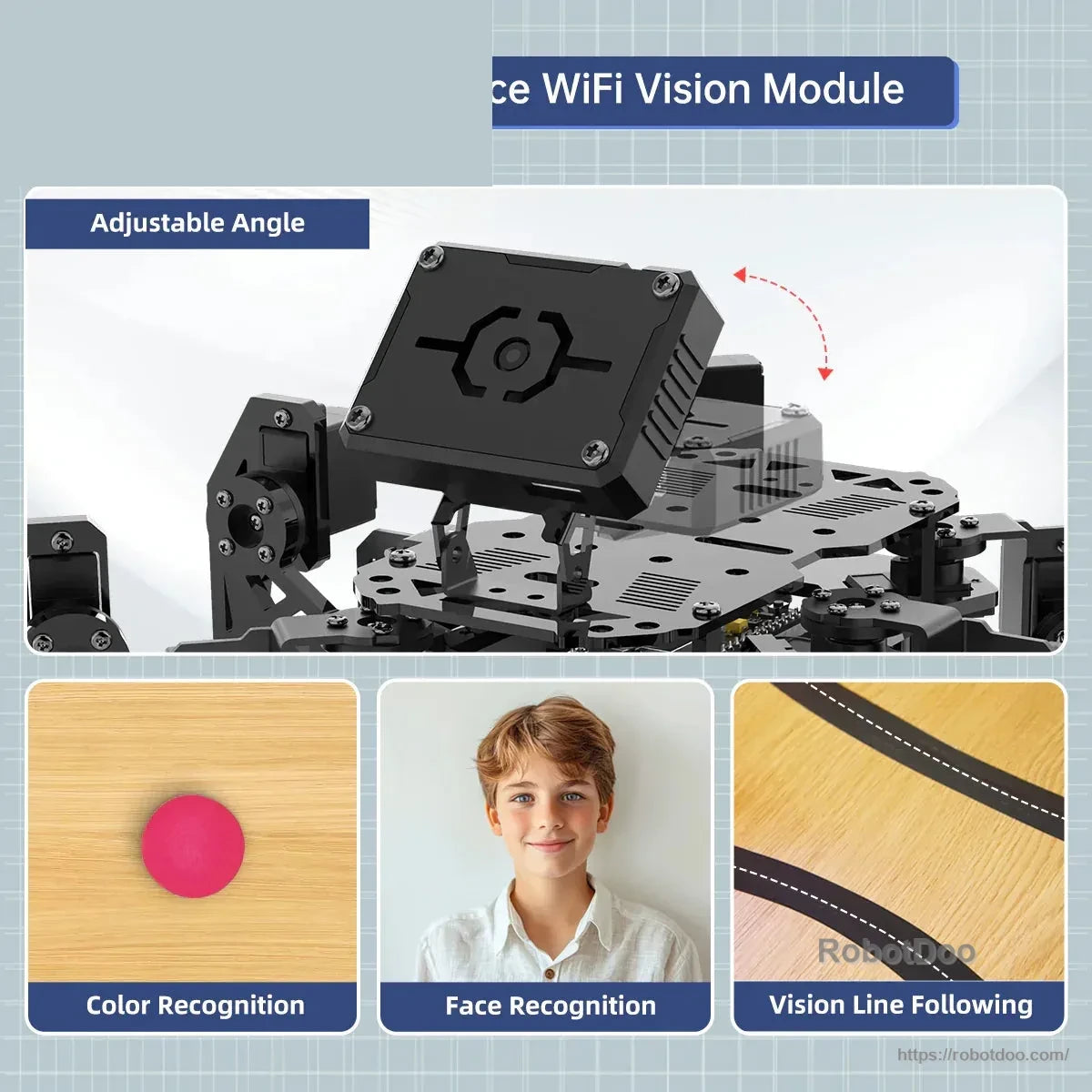Adjustable WiFi vision module with color recognition, face recognition, and line-following examples