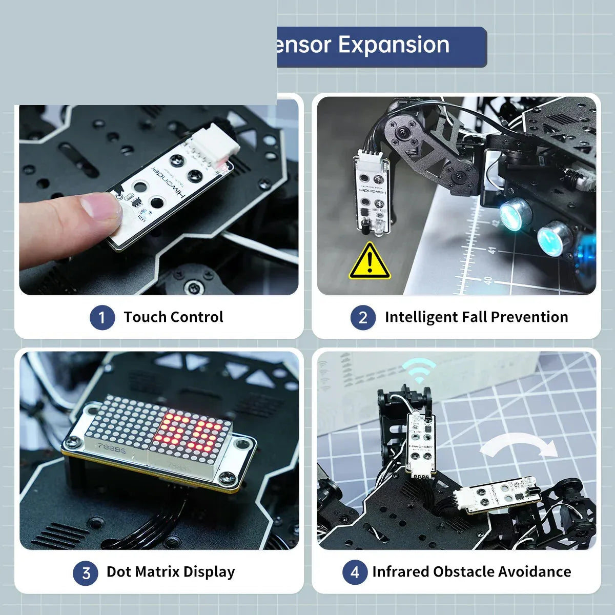 Sensor expansion examples for touch control, fall prevention, dot matrix display, and obstacle avoidance