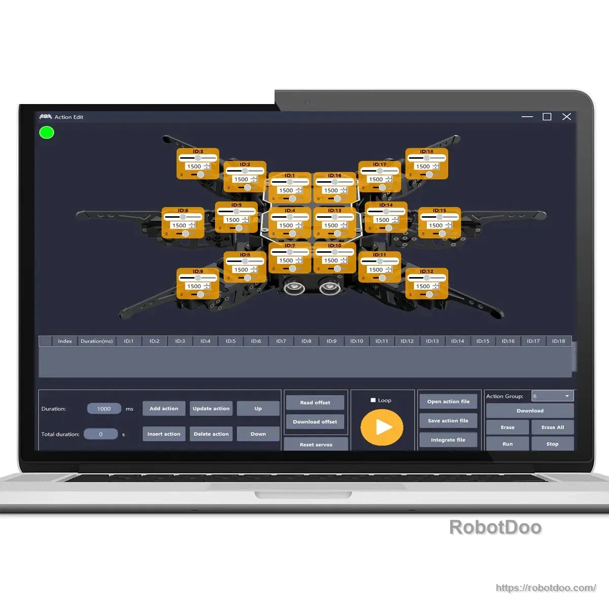 Laptop screen showing servo position controls and motion-sequence programming interface