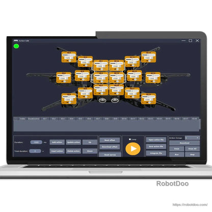 Laptop screen showing servo position controls and motion-sequence programming interface