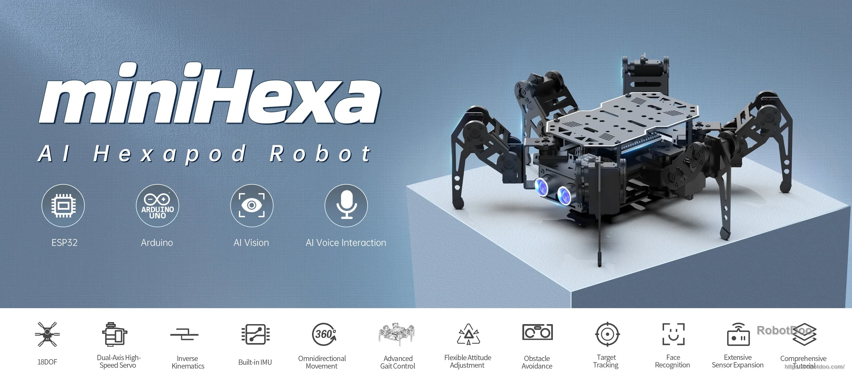 Hiwonder miniHexa 18DOF AI Hexapod Robot with six aluminum legs and front ultrasonic sensor