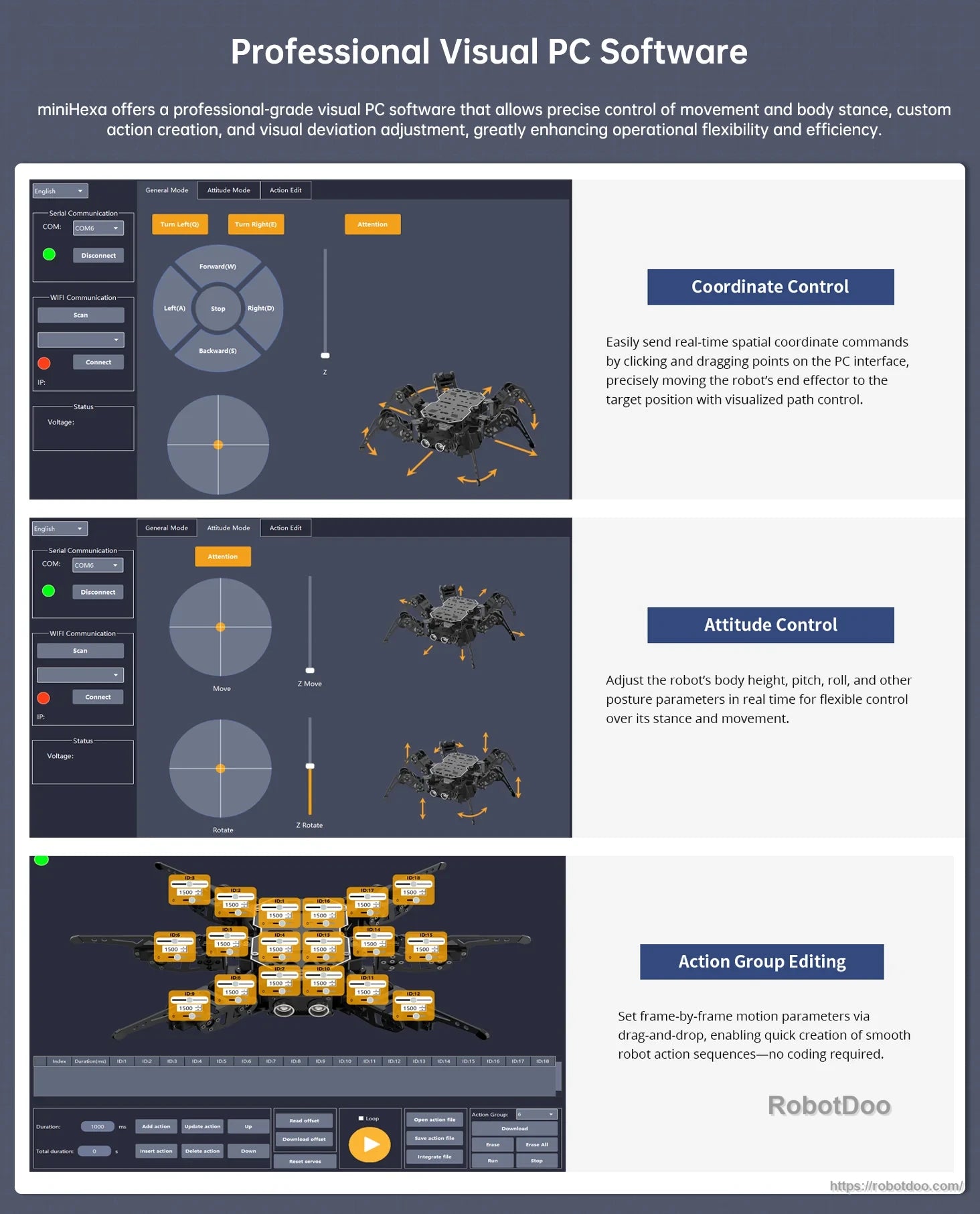 Visual PC software interface with coordinate control, attitude control, and action-group editing