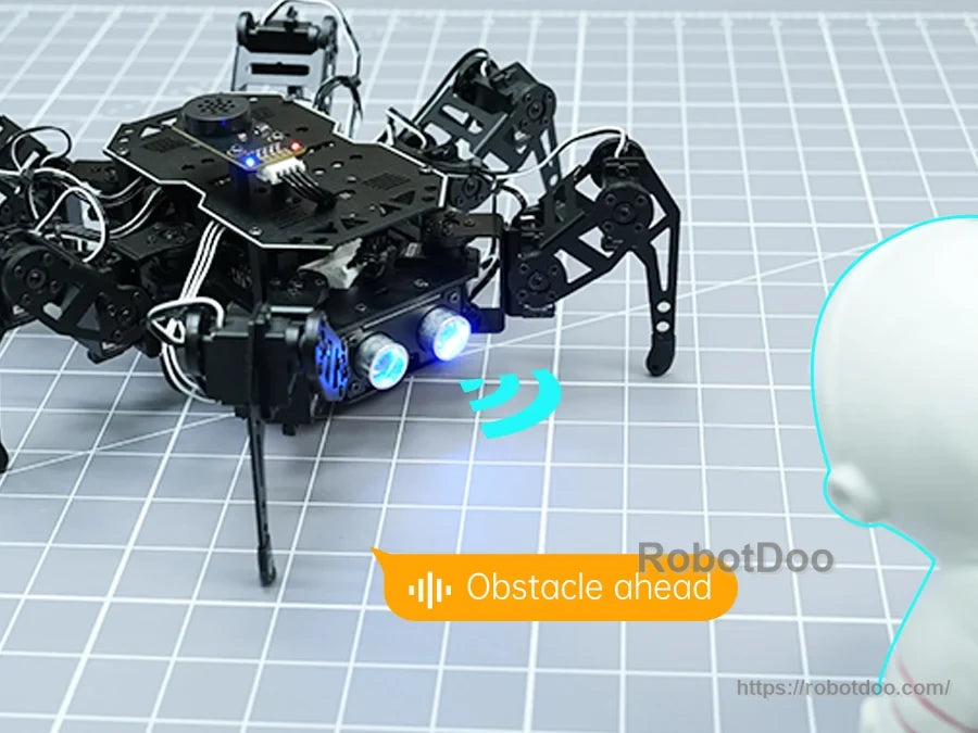 Hexapod robot giving a voice alert when an obstacle is detected ahead