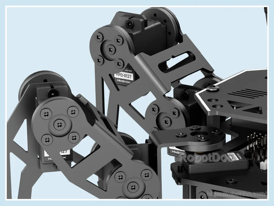 Hiwonder miniHexa hexapod robot with black metal leg brackets, servo motors, and articulated joints