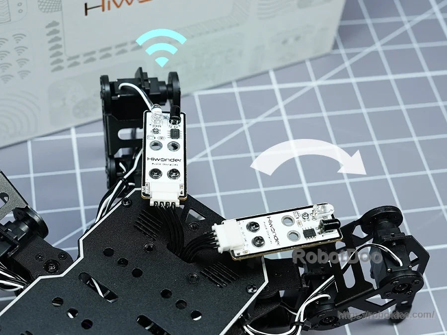 Hiwonder miniHexa hexapod robot with black chassis, six articulated legs and wireless control module