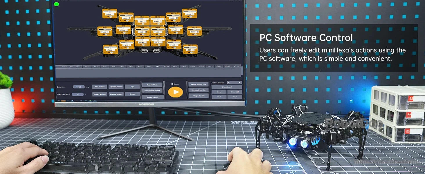 miniHexa robot operated with PC software and visual action-sequence editor
