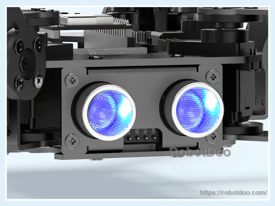 Hiwonder miniHexa AI hexapod robot front panel with two blue illuminated circular LED lights
