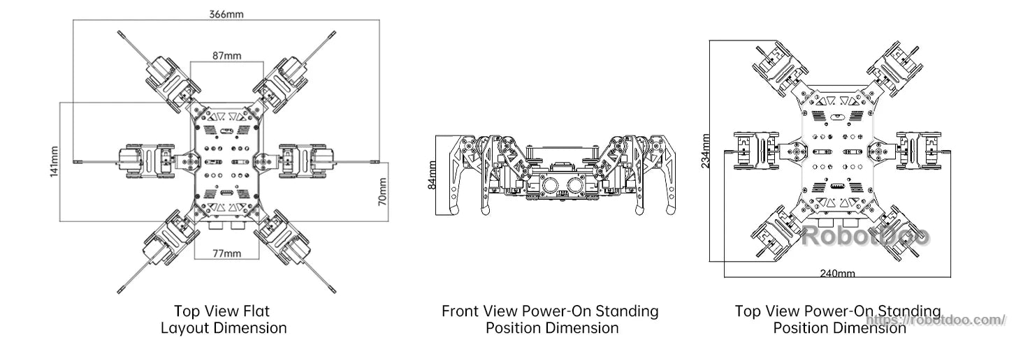 Hiwonder miniHexa 18DOF hexapod robot dimension drawing with top and front power-on stancing views