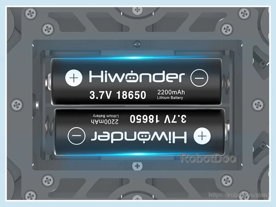 Hiwonder miniHexa hexapod robot battery compartment with two 3.7V 18650 2200mAh lithium batteries