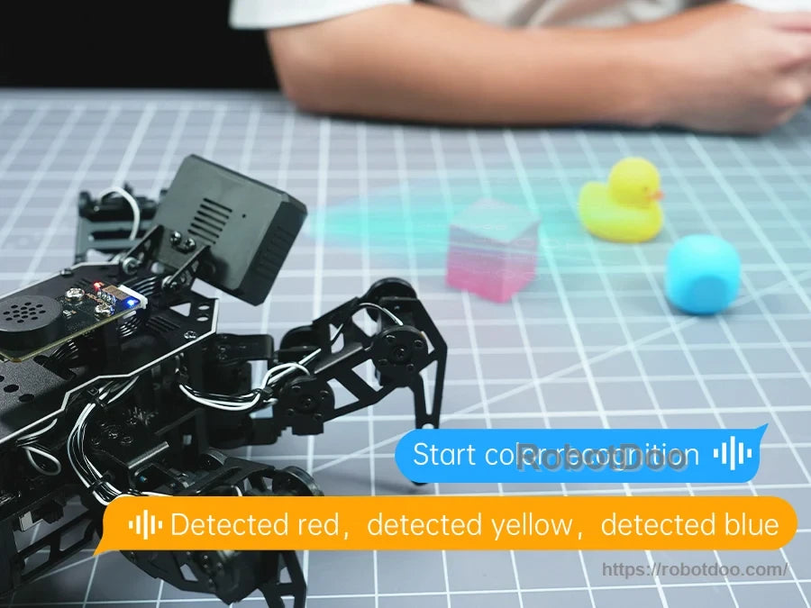 miniHexa robot identifying red, yellow, and blue objects through voice feedback