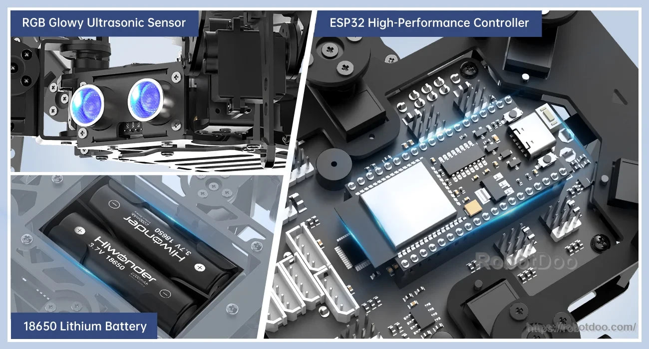 Close-up of RGB ultrasonic sensor, ESP32 controller board, and dual 18650 battery compartment