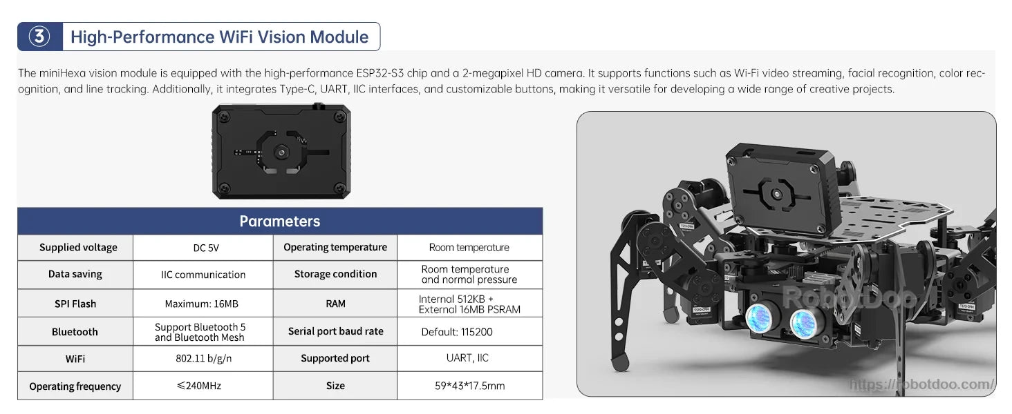 Hiwonder miniHexa 18DOF hexapod robot with a top-mounted WiFi vision module and dual front sensors