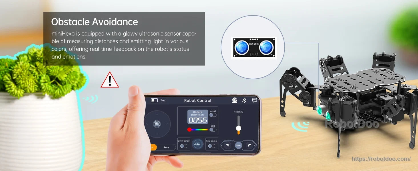 Hexapod robot using ultrasonic sensing for obstacle avoidance with handheld remote control
