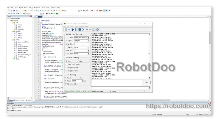 PC software screenshot for IMU data display, logging and parameter configuration in a Windows interface