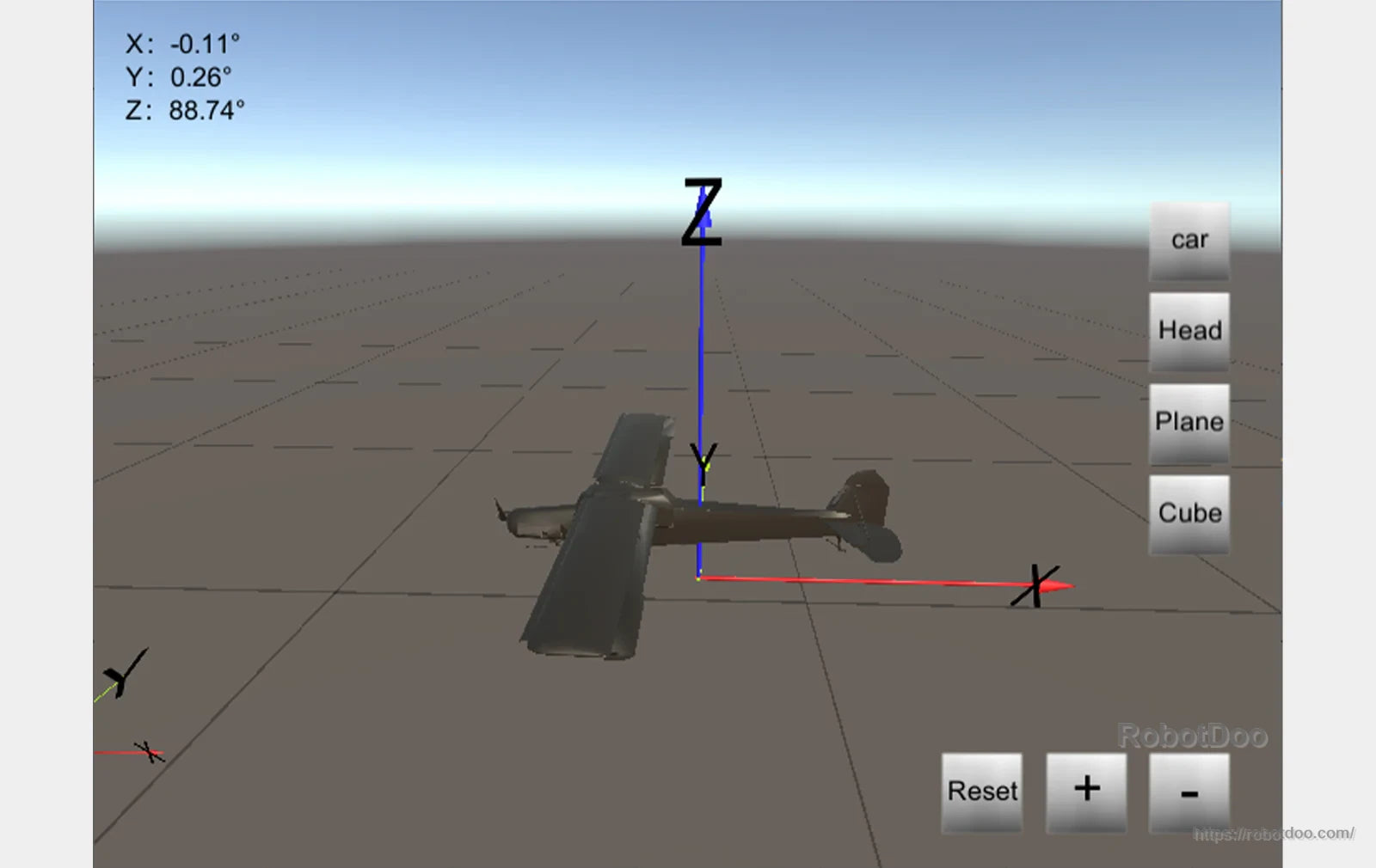 3D pose visualization screen with aircraft model and XYZ axes for orientation display