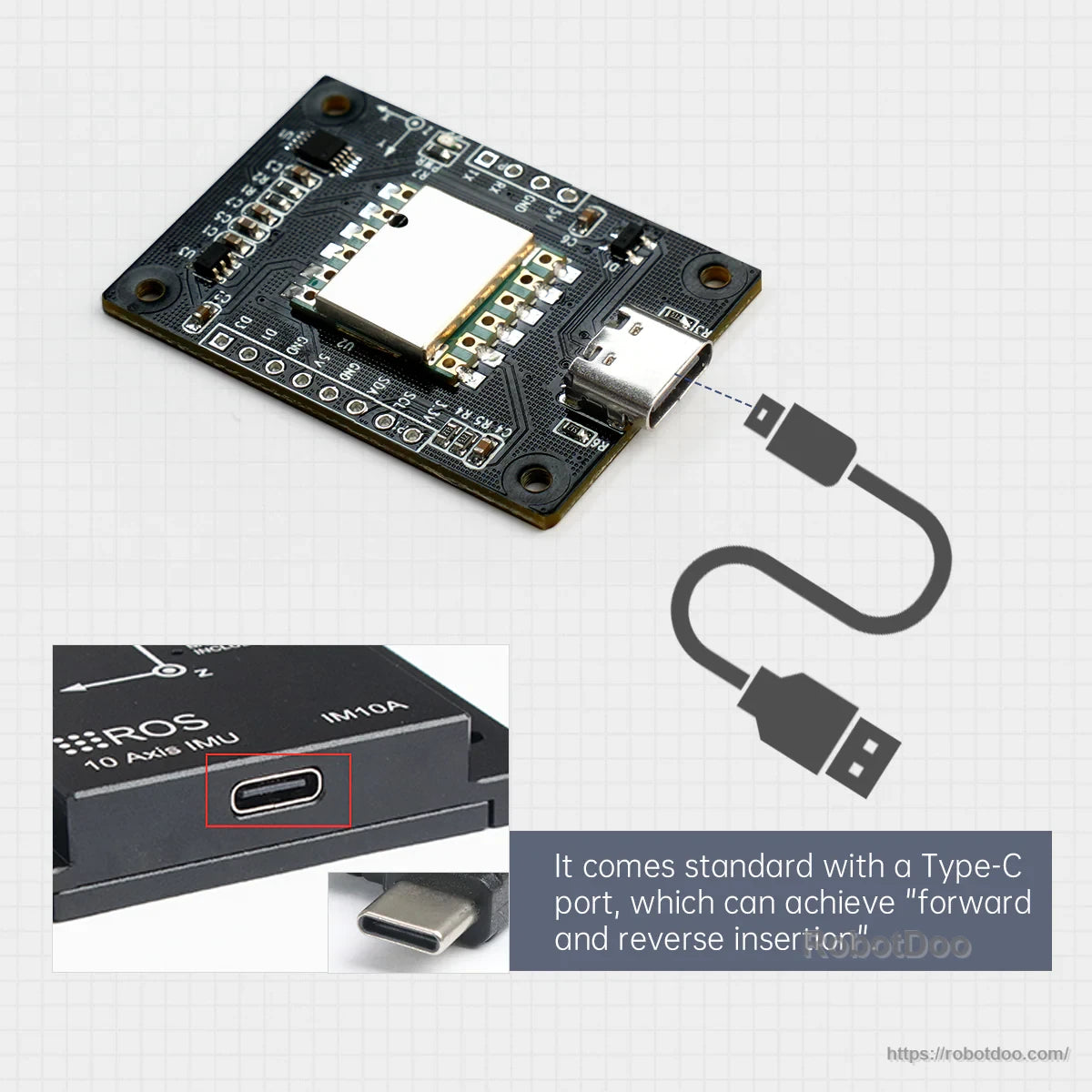 IMU PCB close-up with USB Type-C connector and forward/reverse insertion callout