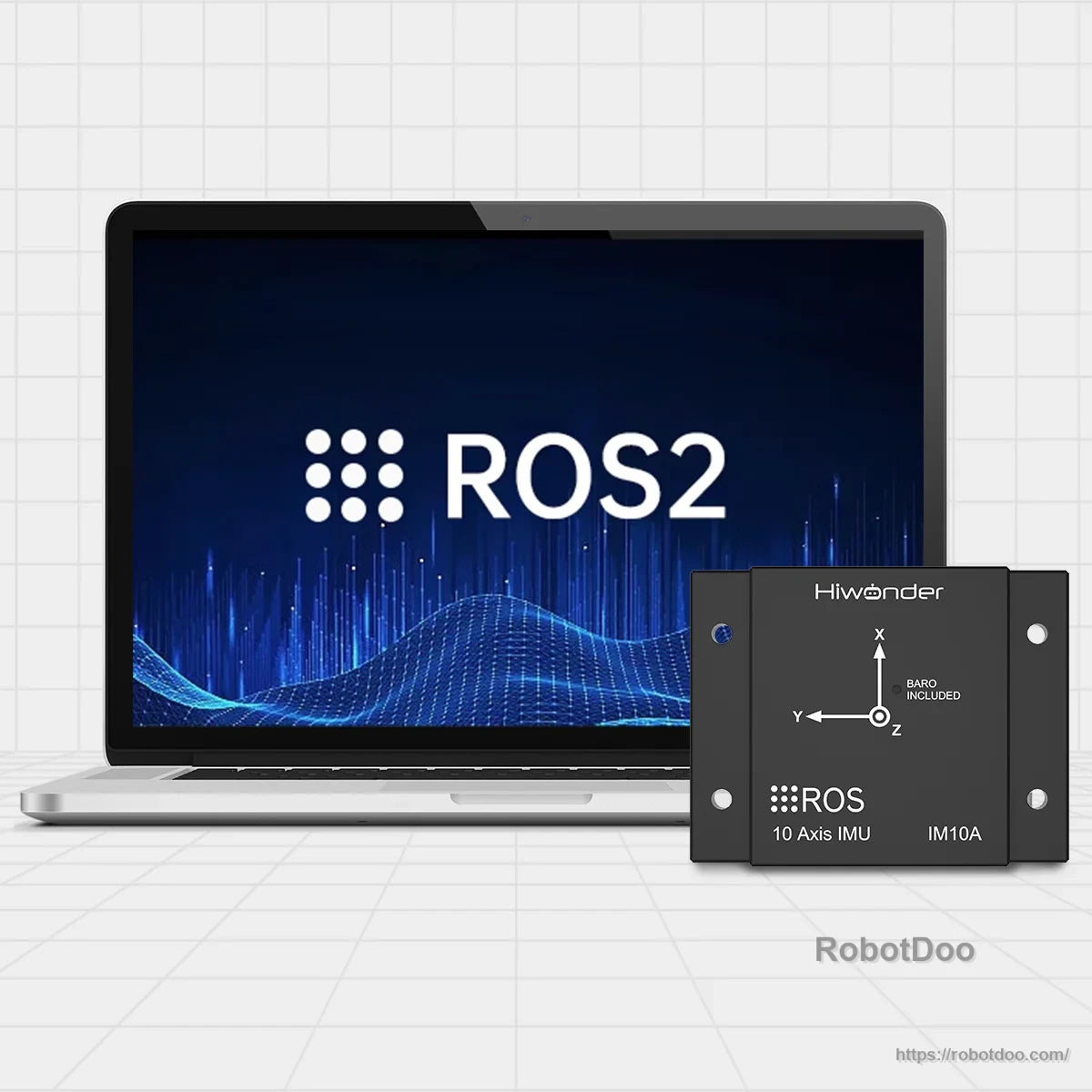 ROS2 compatibility graphic with Hiwonder IM10A 10-axis IMU module beside a laptop screen