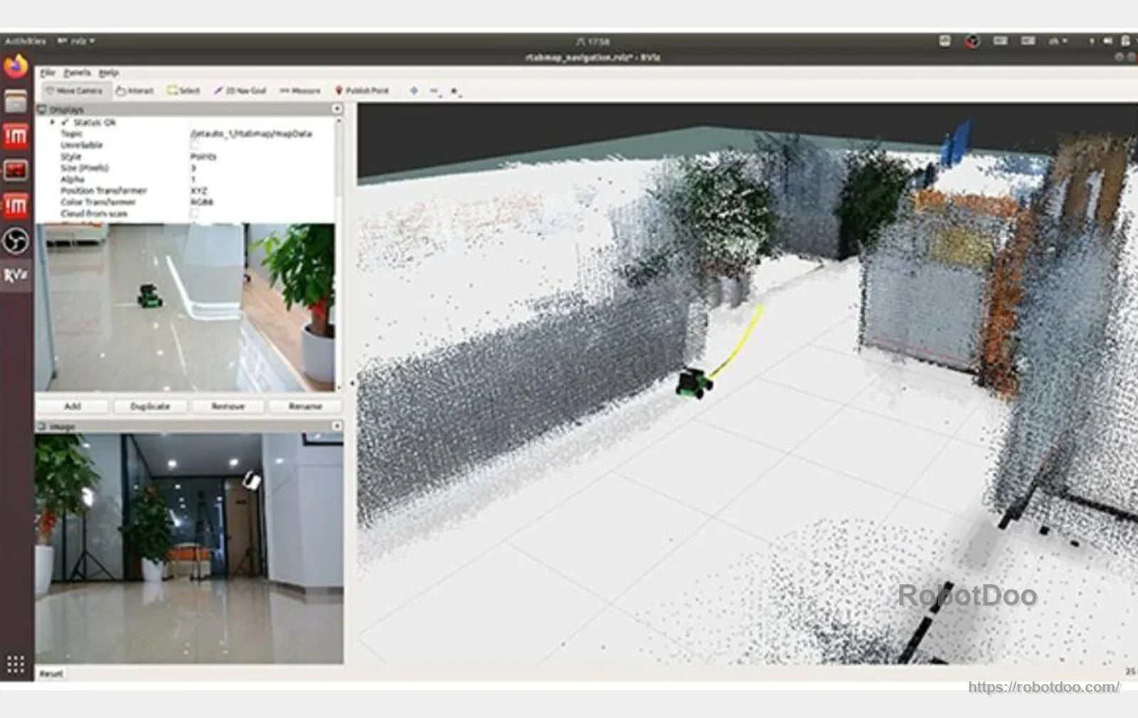 ROS RViz screen showing a 3D point cloud map of an indoor hallway with sensor path visualization