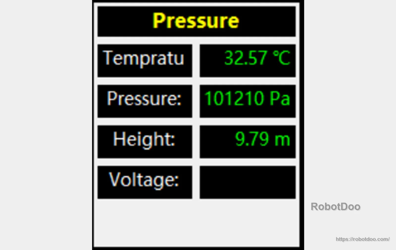 Sensor readout screen showing temperature 32.57°C, pressure 101210 Pa, and height 9.79 m under “Pressure” menu