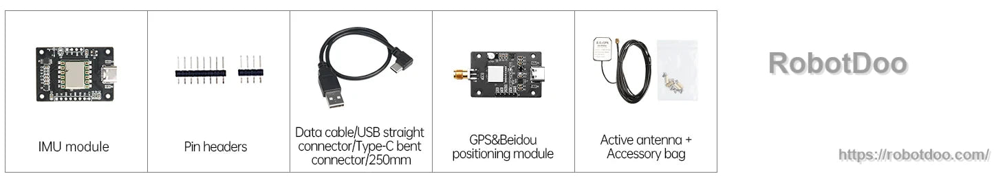 Hiwonder IM10A IMU module kit with USB Type-C cable, GPS module, active antenna, pin headers and accessories