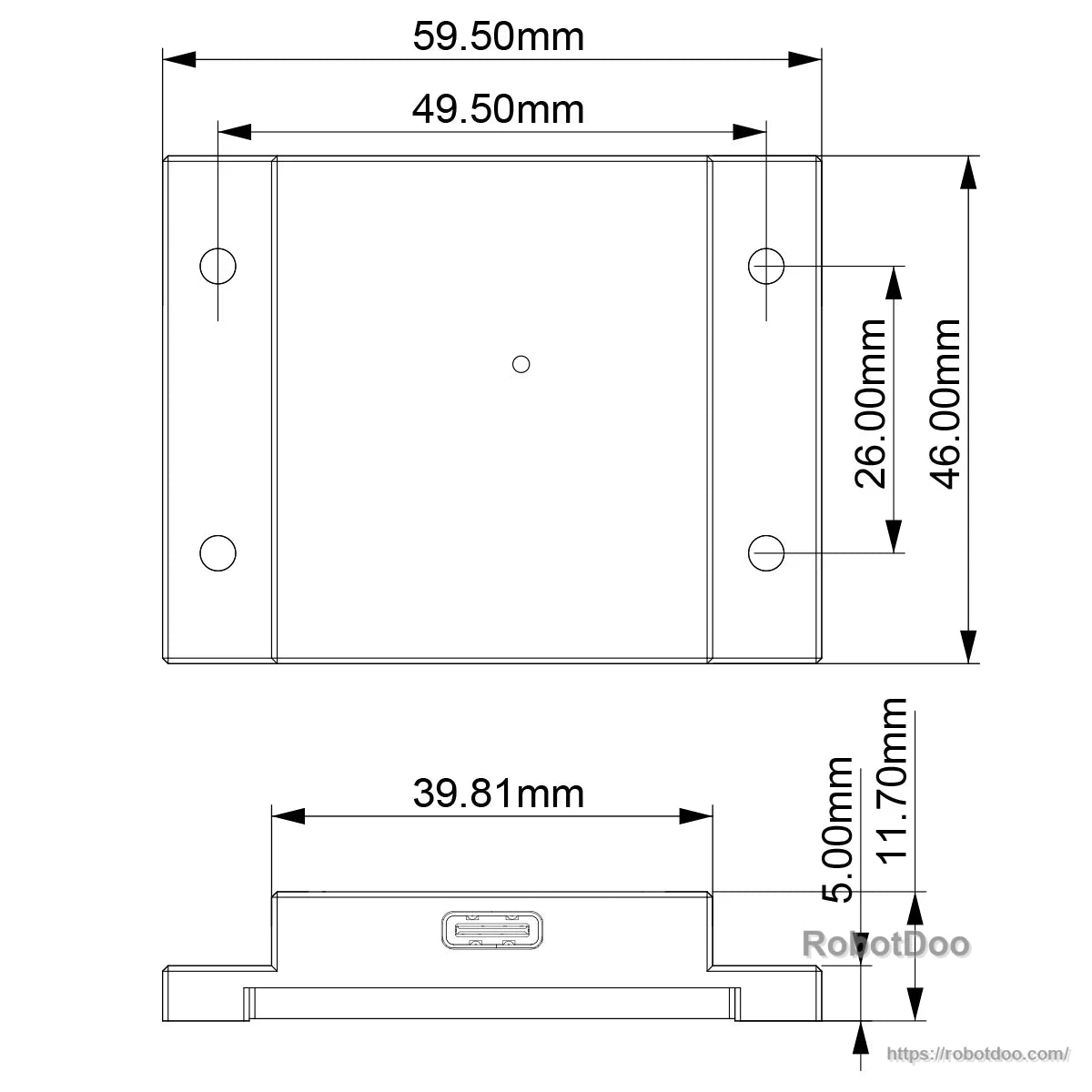 IM10A mechanical dimension drawing with overall size and mounting hole spacing