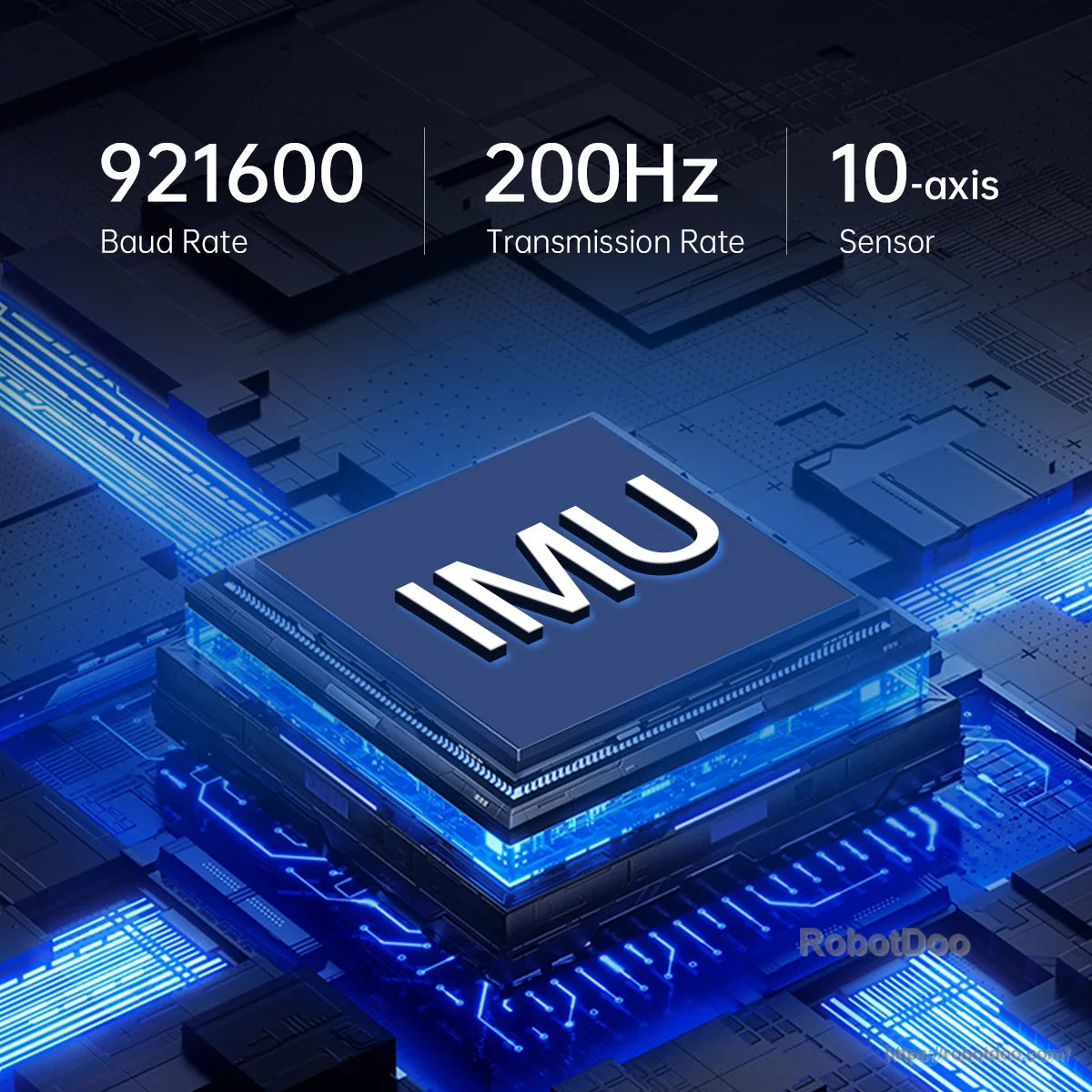 Performance graphic highlighting 921600 baud rate, 200Hz transmission rate and 10-axis IMU sensor