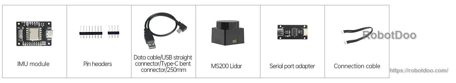 Hiwonder IMU module kit with pin headers, USB Type-C cable, serial adapter, connection cable, and MS200 lidar