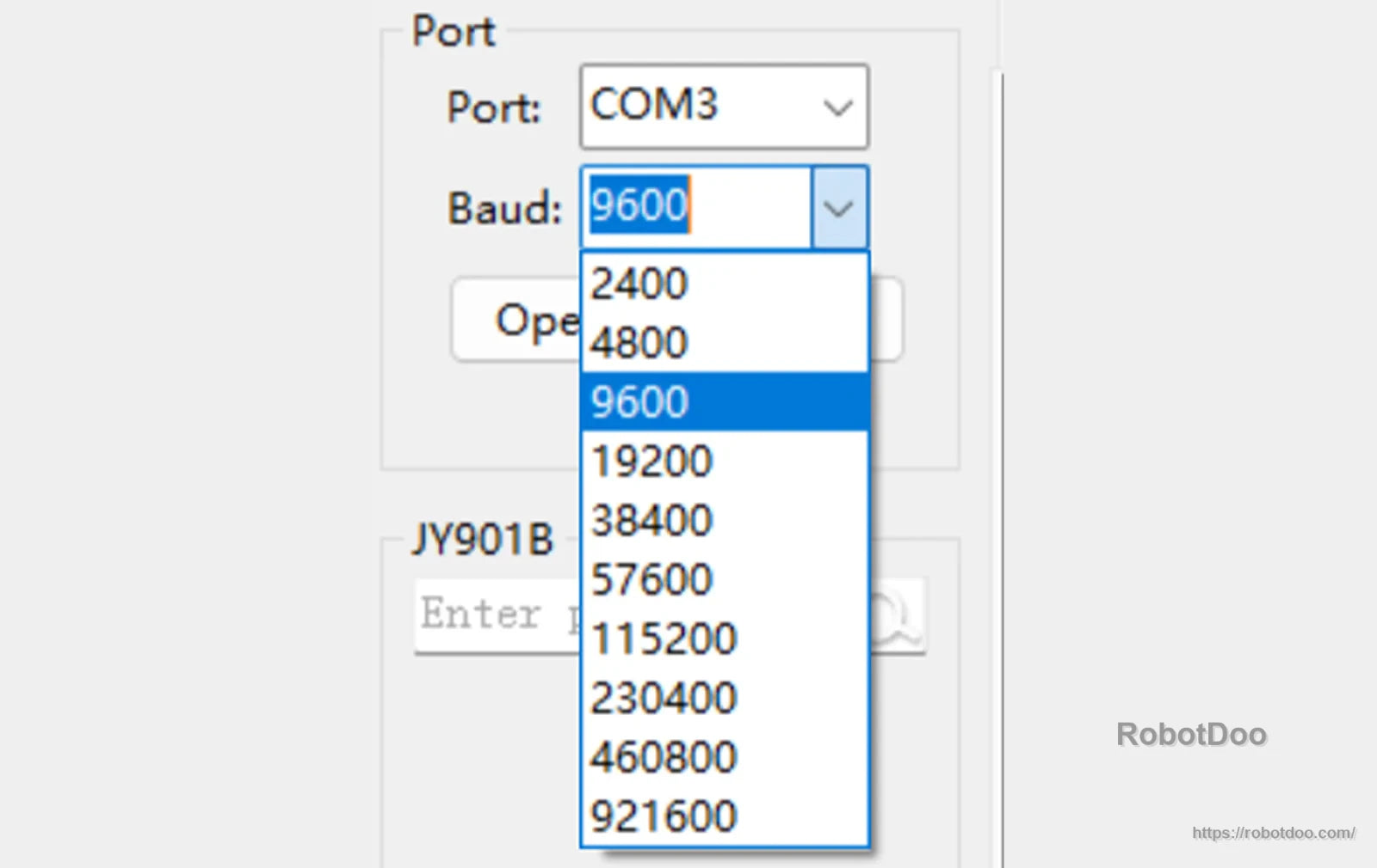 Serial port settings menu highlighting selectable baud rates up to 921600 in a COM port dropdown
