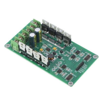 High power double motor driver module circuit board with screw terminals and heat-sinked transistors