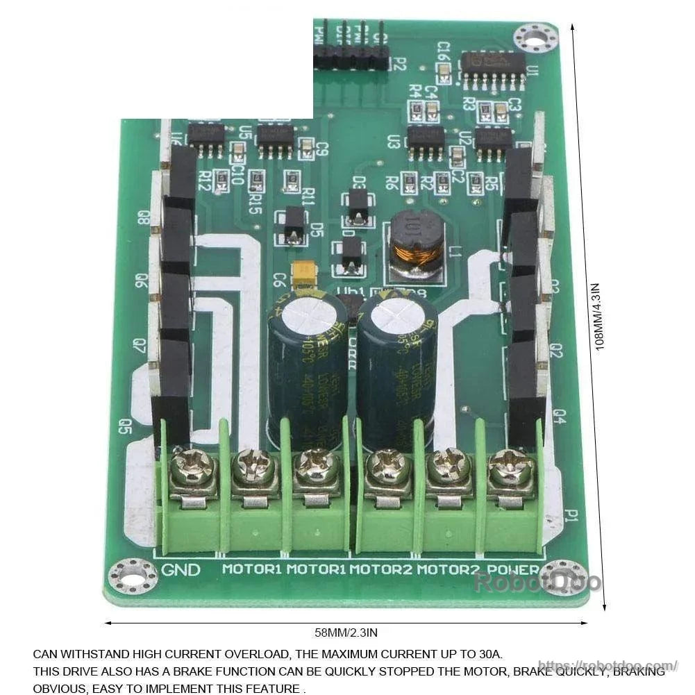 Double motor driver module with labeled terminals, board dimensions, and visible power components