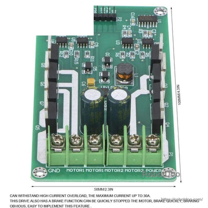 Double motor driver module with labeled terminals, board dimensions, and visible power components