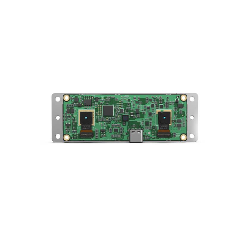Intel RealSense D421 Depth Module front view with dual stereo camera sensors and center USB-C connector