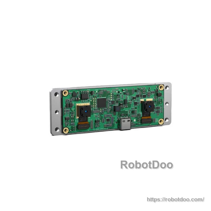 Angled product shot of the stereo depth module circuit board with dual lenses and RobotDoo watermark