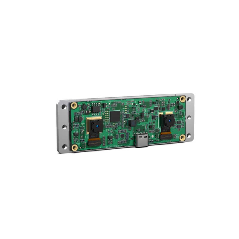 Angled view of depth camera module PCB showing dual lenses, mounting bracket holes, and USB-C port