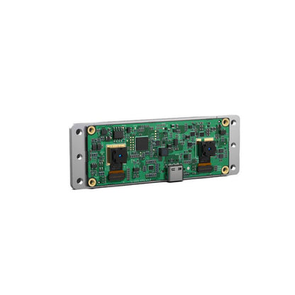 Angled view of depth camera module PCB showing dual lenses, mounting bracket holes, and USB-C port