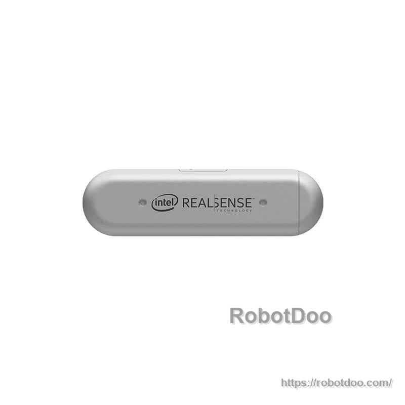 Rear view of camera body with Intel RealSense branding on silver housing