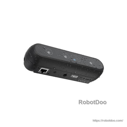 Intel RealSense D555 camera rear angle with Ethernet port side visible, RobotDoo watermark on white