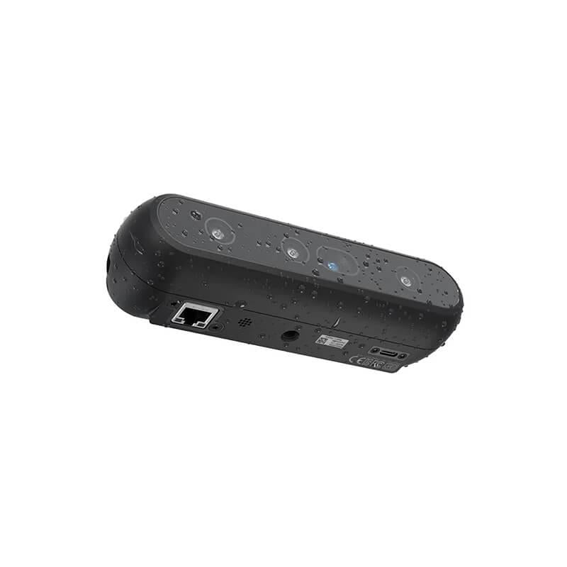 Angled rear/underside view showing PoE Ethernet port and mounting base on Intel RealSense D555